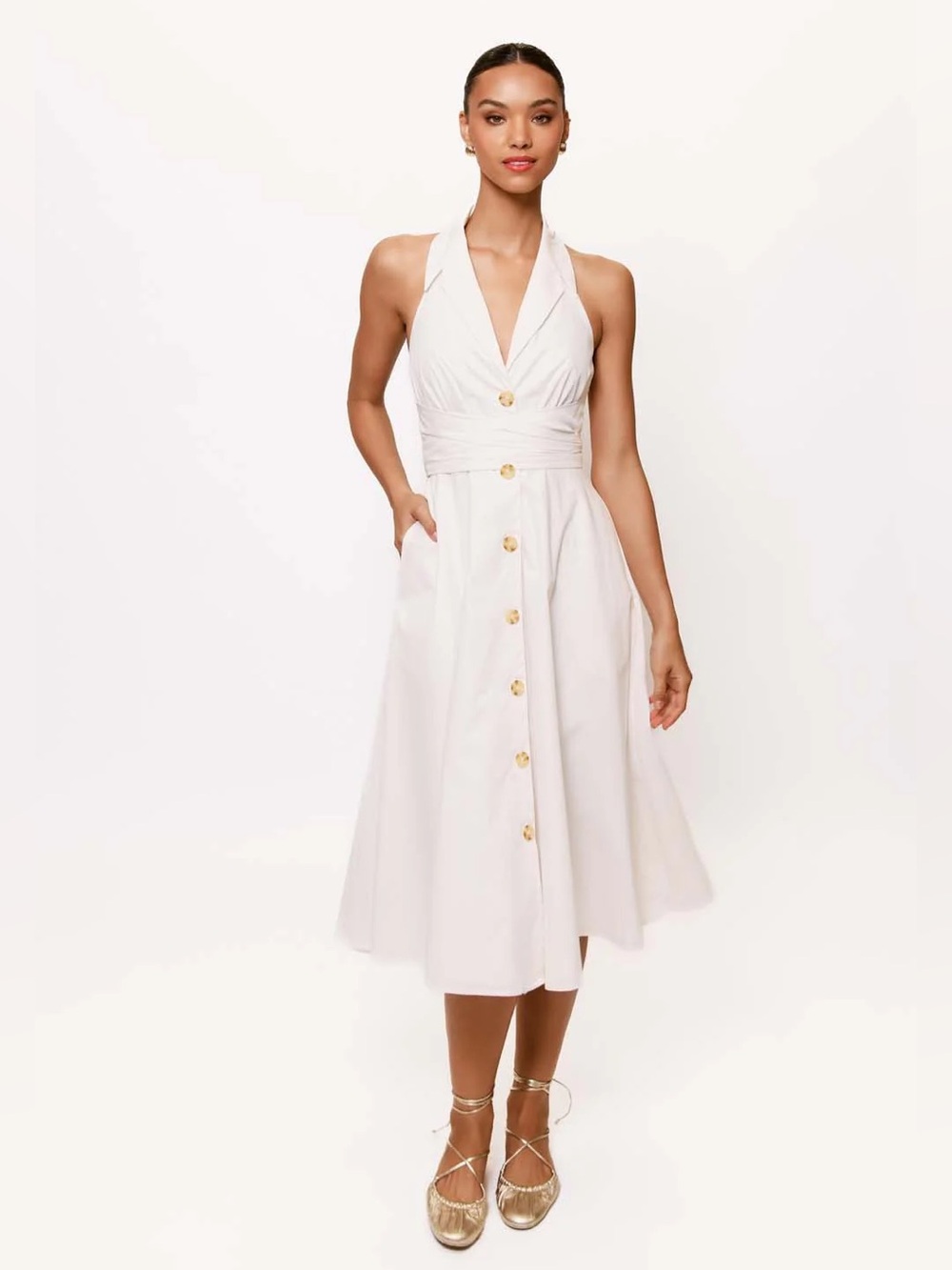 Hutch Alessia White Halter Button-Front Midi Dress